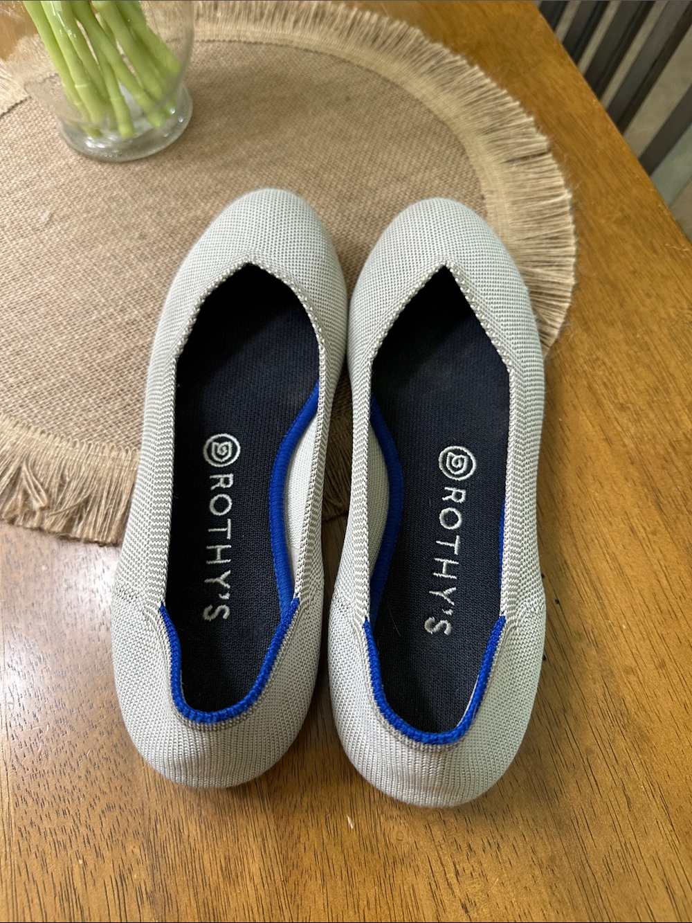 Rothy's Light Gray Knit Ballet Flats with Blue Trim